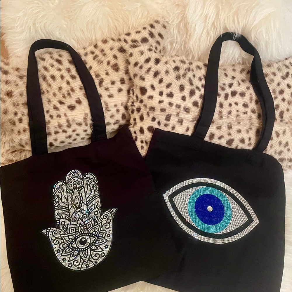 New Black Totes with Hamsa Hand and Evil Eye Designs!